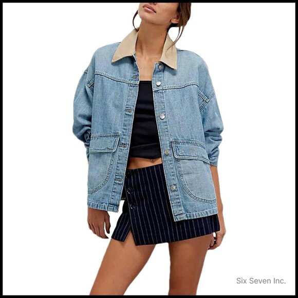 Jackets & Blazers - Oversized Denim Jacket Classic Y2K Chic Button Down Contrast Trim Outerwear